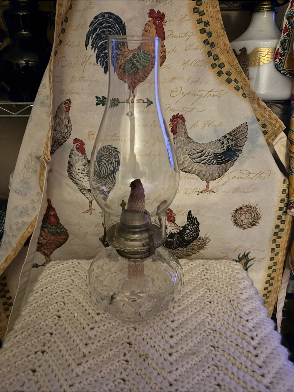 Vintage Hobnail Glass Oil Lamp with Tall Chimney